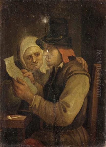 Lesender Bauer Mit Seiner Frau In Stube Oil Painting by Egbert van Heemskerck the Elder