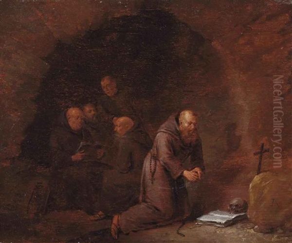 A Group Of Hermit Monks In A Grotto Oil Painting by Egbert van Heemskerck the Elder