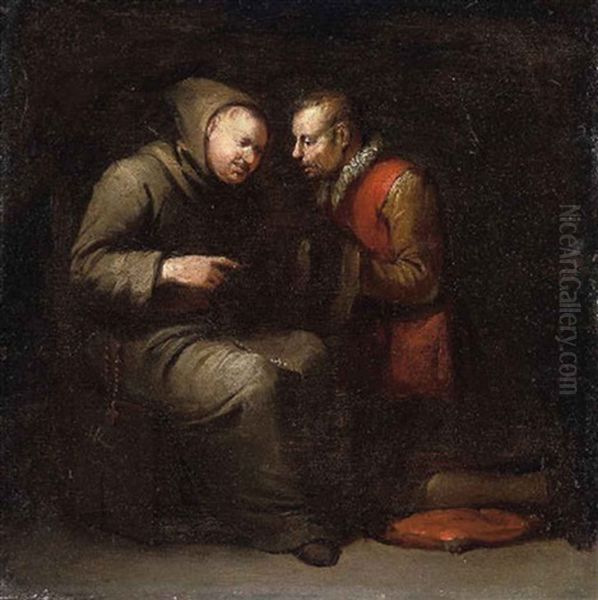 A Monk Listening To The Confession Of A Kneeling Man Oil Painting by Egbert van Heemskerck the Elder