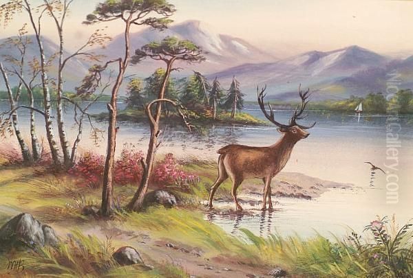 Stag Before A Loch Landscape Oil Painting by William Henry Bancroft