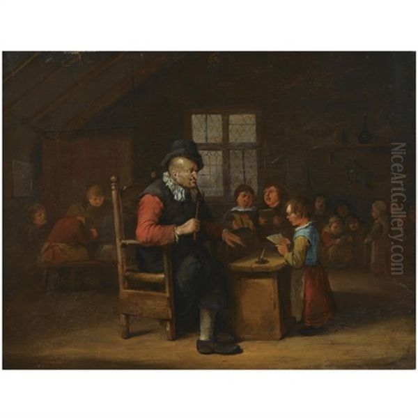 A Schoolroom Interior With A Teacher Seated Behind A Desk, A Young Girl Reading, Other Pupils In The Background Oil Painting by Egbert van Heemskerck the Elder