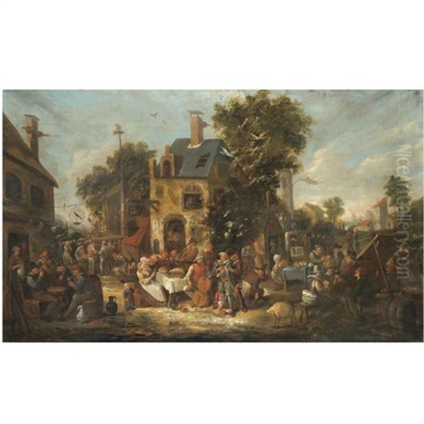 An Outdoor Scene With Villagers Joyously Revelling Outside The Wild Swan Tavern Oil Painting by Egbert van Heemskerck the Elder