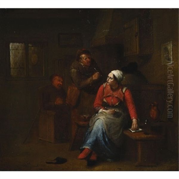 Two Peasants And A Woman In An Inn Oil Painting by Egbert van Heemskerck the Elder