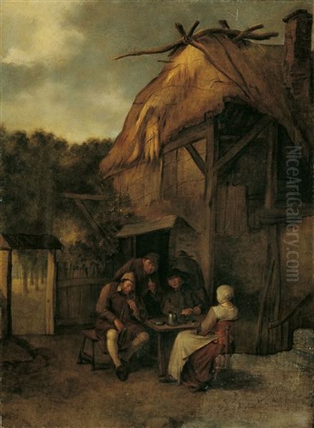 Drei Bauern Und Eine Frau Vor Einem Haus Sitzend Oil Painting by Egbert van Heemskerck the Elder