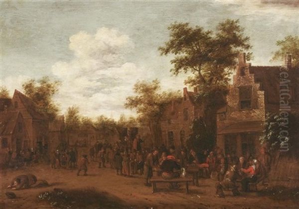 Das Dorffest. Vergnugte Bauersleut Vor Ihren Hausern. Im Hintergrund Ein Quacksalber, Seine Ware Feilbietend Oil Painting by Egbert van Heemskerck the Elder