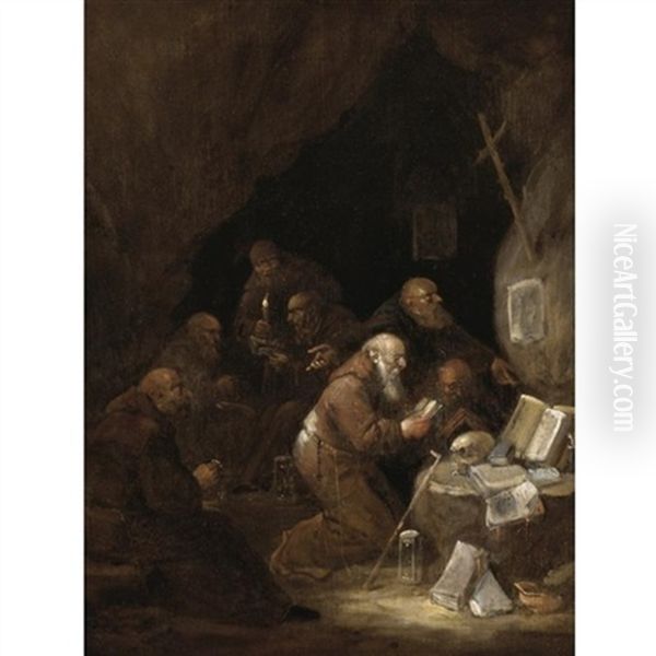 A Group Of Hermit Monks In A Grotto Oil Painting by Egbert van Heemskerck the Elder