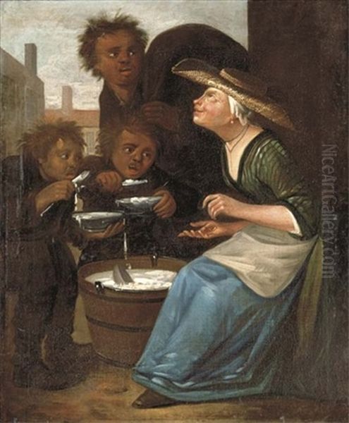 A Woman Feeding Three Peasant Boys Gruel Oil Painting by Egbert van Heemskerck the Elder