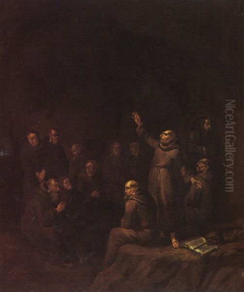 Monks Preaching And Praying In A Cave Oil Painting by Egbert van Heemskerck the Elder