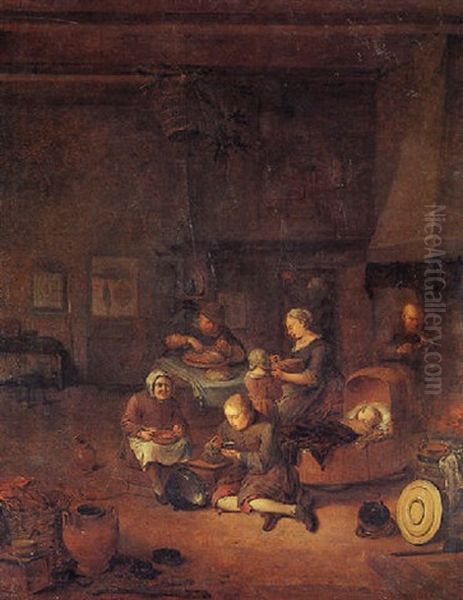 An Interior With A Peasant Family Dining Oil Painting by Egbert van Heemskerck the Elder