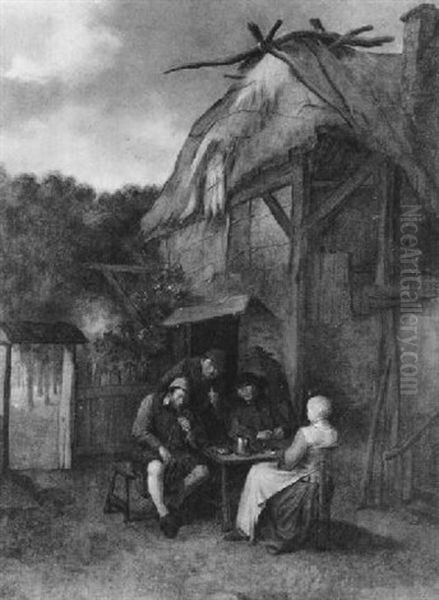 Drei Bauern Und Eine Frau Vor Dem Haus Sitzend Oil Painting by Egbert van Heemskerck the Elder