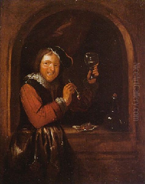 A Peasant Smoking And Drinking Oil Painting by Egbert van Heemskerck the Elder