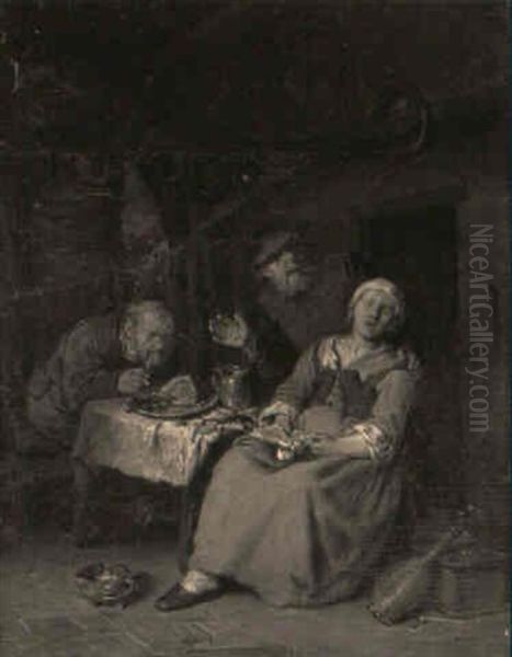 Villagers Smoking And Drinking Before A Hearth In An Interior Oil Painting by Egbert van Heemskerck the Elder