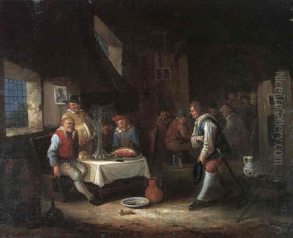 A Tavern Interior With A Soldier Greeting A Group Dining At A Table Oil Painting by Egbert van Heemskerck the Elder