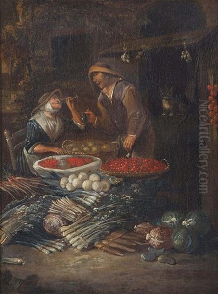 Peasants Selling Fruits And Vegetables Before A Stall Oil Painting by Egbert van Heemskerck the Younger