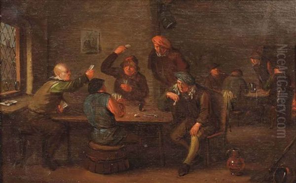 A Tavern Interior With Peasants Playing Cards Oil Painting by Egbert van Heemskerck the Younger