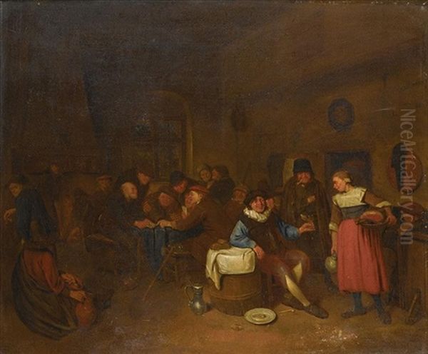 Tavern Interior With Boors Playing Cards And Drinking And A Serving Maid Holding A Joint Of Ham Oil Painting by Egbert van Heemskerck the Younger