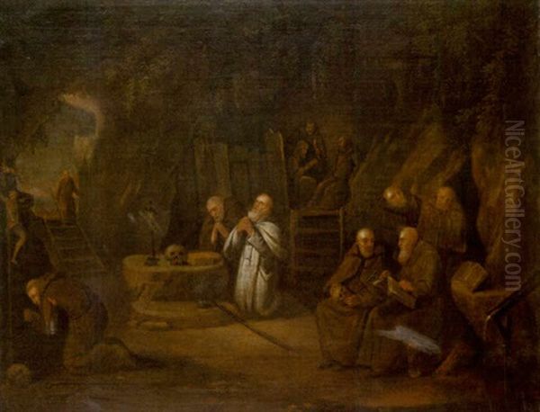 Monks At Prayer In A Grotto Oil Painting by Egbert van Heemskerck the Younger