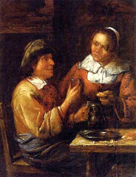 A Peasant Couple Eating In An Interior Oil Painting by Egbert van Heemskerck the Younger