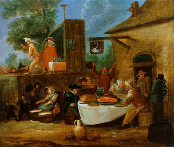 Frohliche Gesellschaft Vor Einem Wirtshaus, Dahinter Ein Quacksalber Auf Einer Buhne Oil Painting by Egbert van Heemskerck the Younger