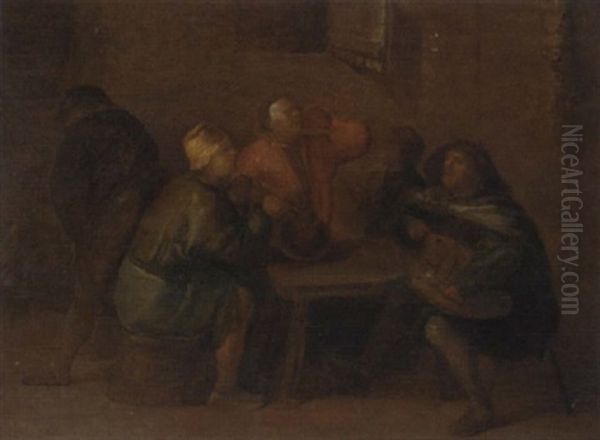 Peasants Drinking And Making Music In An Interior Oil Painting by Egbert van Heemskerck the Younger