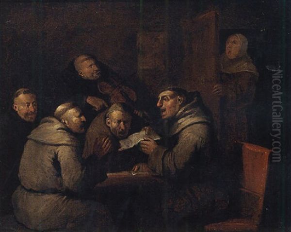 Monks Singing In An Interior Oil Painting by Egbert van Heemskerck the Younger