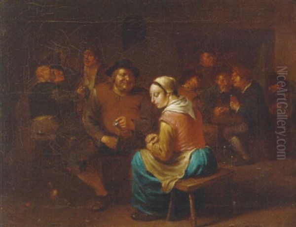 Boors Carousing In An Inn, With A Courting Couple Oil Painting by Egbert van Heemskerck the Younger