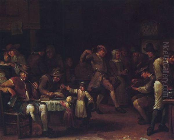 A Tavern Interior With A Peasant Dancing To The Music Of A Violin, Another Slicing Meat For Two Children, And Other Figures Conversing Oil Painting by Egbert van Heemskerck the Younger