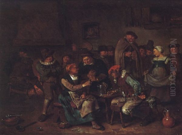 A Tavern Interior With Peasants Drinking And Conversing, Some Of Them Seated By The Fire Oil Painting by Egbert van Heemskerck the Younger