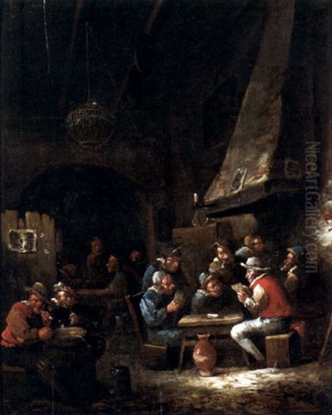 A Tavern Interior With Figures Playing Cards Oil Painting by Egbert van Heemskerck the Younger