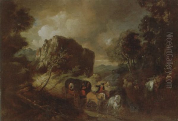 A Rocky Landscape With Travellers In A Horse Drawn Carriage, A Waterfall And Mountains Beyond Oil Painting by Egbert van Heemskerck the Younger