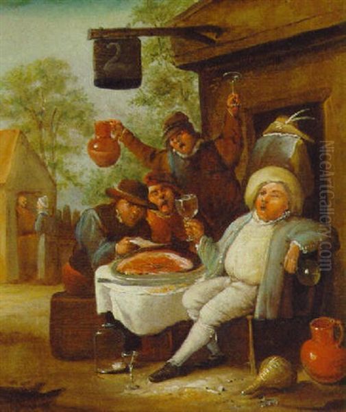 Peasants Eating And Drinking Outside The Swan Inn Oil Painting by Egbert van Heemskerck the Younger