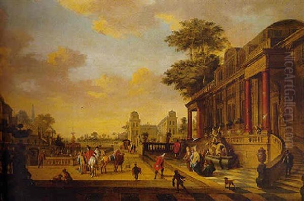 A Capriccio Of A Baroque Palace With A Lady Greeting A Gentleman On A Terrace Oil Painting by Egbert van Heemskerck the Younger