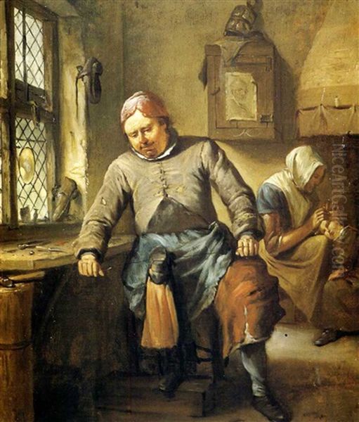 A Cobbler And His Family In An Interior Oil Painting by Egbert van Heemskerck the Younger