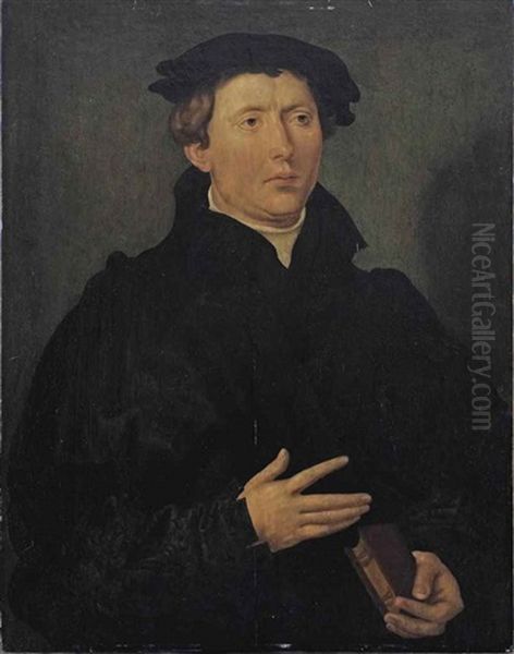 Portrait Of A Clergyman, Half-length, Holding A Book Oil Painting by Maerten Jacobsz van Heemskerck