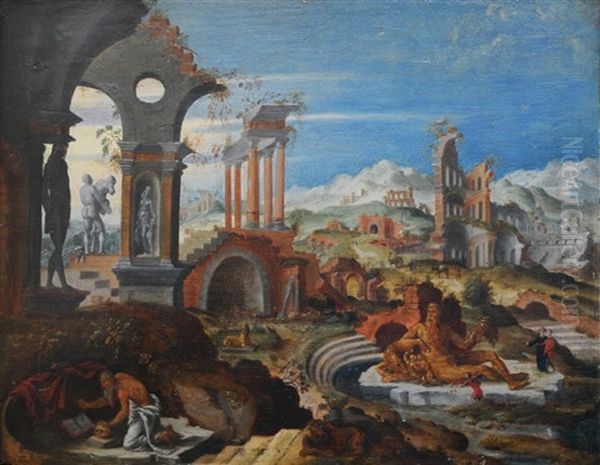 Saint Jerome Dans Un Paysage De Ruines Romaines Antiques by Maerten Jacobsz van Heemskerck