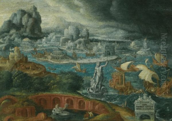 Classical Landscape With Ships Running Before A Storm Towards A Classical Harbour, Probably Corinth Oil Painting by Maerten Jacobsz van Heemskerck