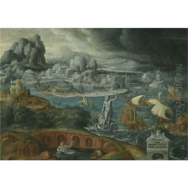 Classical Landscape With Ships Running Before A Storm Towards A Classical Harbor, Probably Corinth Oil Painting by Maerten Jacobsz van Heemskerck