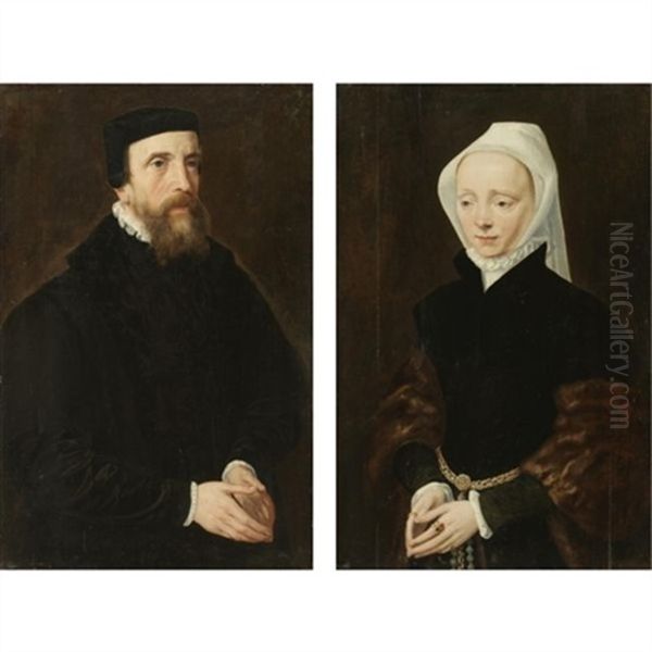 Portrait Of A Gentleman, Three-quarter Length, Wearing Black (+ Portrait Of His Wife, Three-quarter Length, Wearing A White Headscarf And An Ermine Wrap; Pair) Oil Painting by Maerten Jacobsz van Heemskerck