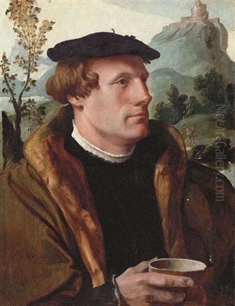 Portrait Of A Gentleman, Bust-length, In A Fur-lined Cloak, Holding A Bowl, A Mountainous Landscape Beyond Oil Painting by Maerten Jacobsz van Heemskerck