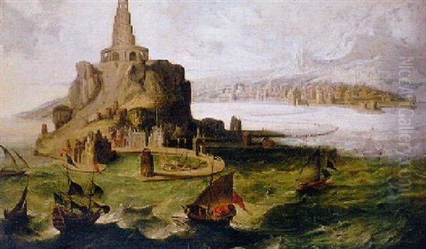 The Lighthouse At Alexandria, With Sailboats In Rough Seas In The Foreground Oil Painting by Maerten Jacobsz van Heemskerck