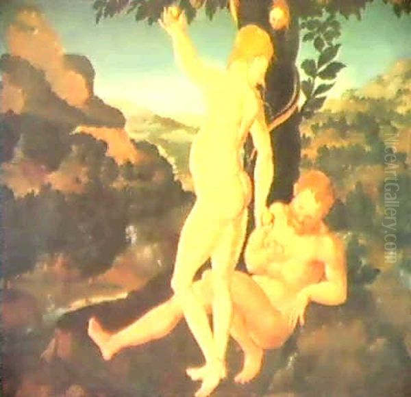 The Temptation Of Adam And Eve, With Their Expulsion From   The Garden Of Eden In The Middle Distance Oil Painting by Maerten Jacobsz van Heemskerck