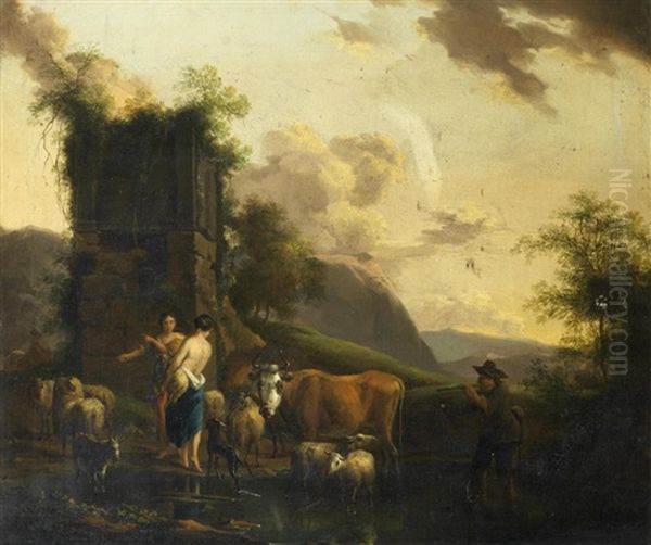 An Italianate Landscape With Drovers With Their Herd Oil Painting by Sebastiaen (Bastiaen) Heemskerck