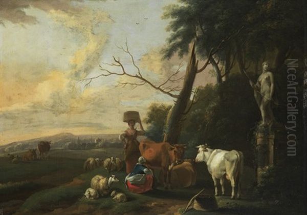 Landschaft Mit Zwei Magden Und Viehherde Oil Painting by Sebastiaen (Bastiaen) Heemskerck