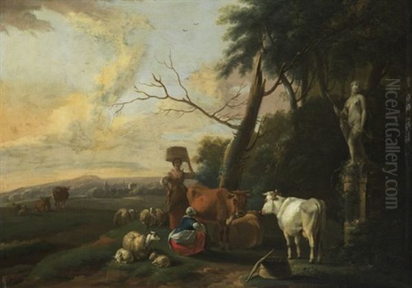 Landschaft Mit Zwei Magden Und Viehherde Oil Painting by Sebastiaen (Bastiaen) Heemskerck