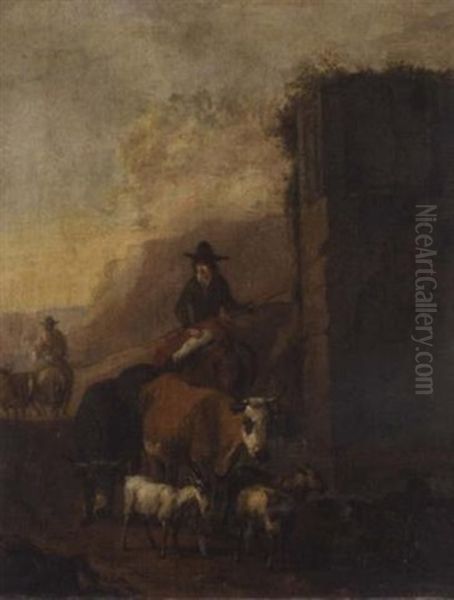 Drovers And Their Animals Beside A Ruin Oil Painting by Sebastiaen (Bastiaen) Heemskerck