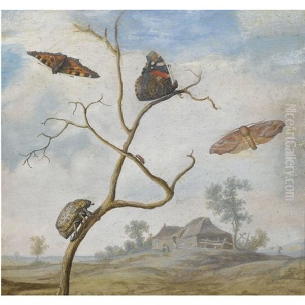 A Cockchafer On A Branch, Two Butterflies, A Moth And A Small Beetle Above, And A Landscape Behind Oil Painting by Margarethe de Heer