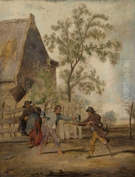 Two Beggars Fighting Near A Farmhouse Oil Painting by Margarethe de Heer