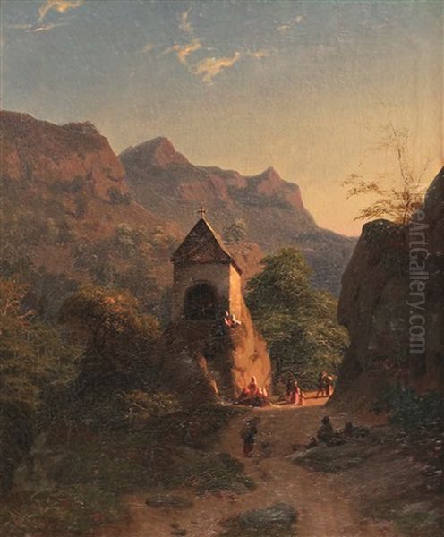 Sudtiroler Hochgebirgstal Mit Auf Einem Felsen Gebauter Kapelle Oil Painting by Johann Christian Heerdt