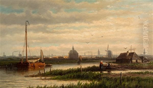 Panoramic View On A City Gate Of Amsterdam Oil Painting by Georgius Heerebaart