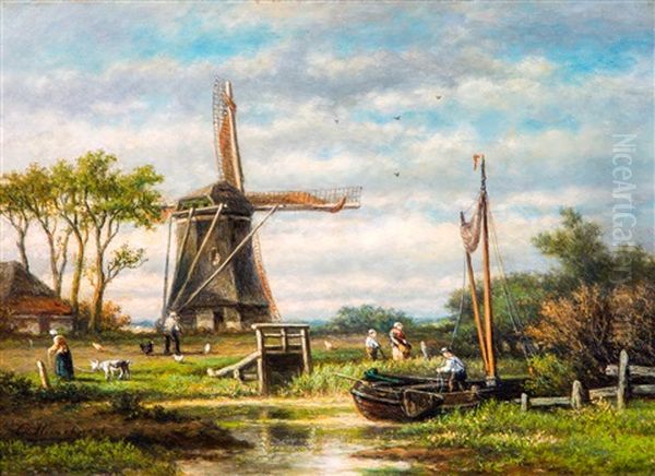 Polderlandschap Met Molen by Georgius Heerebaart